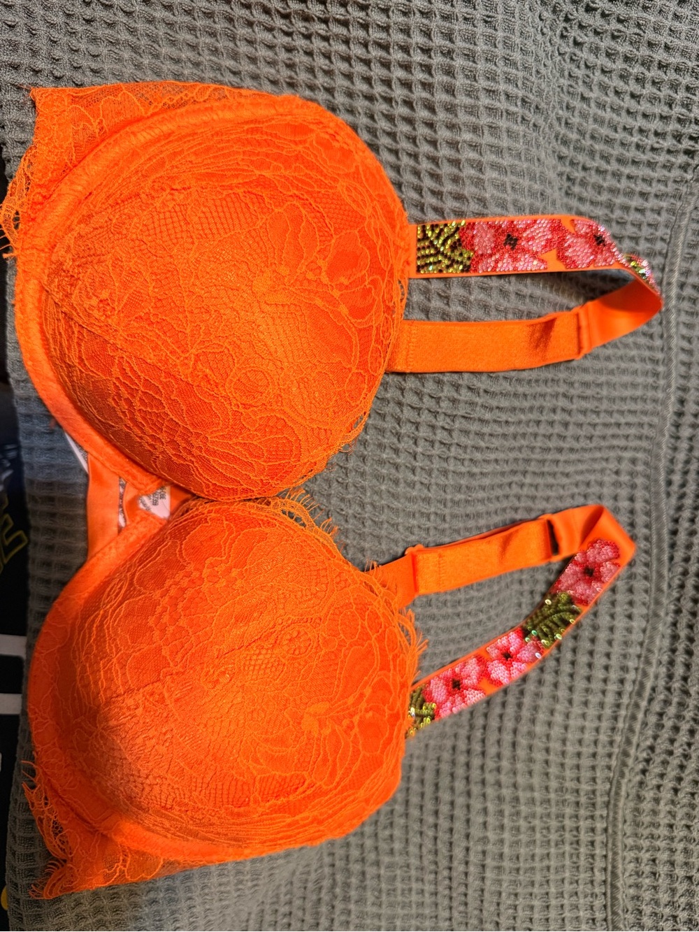 Victoria's Secret Bright Orange Lace Push-Up Bra with Floral Straps